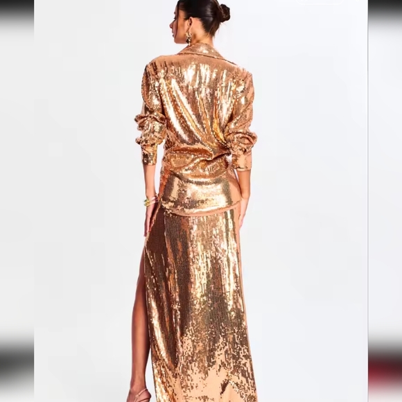 Sexy Turn-down Collar Long Sleeve Gold Mesh Sequins Midi Skirt Set - Picture 4 of 10
